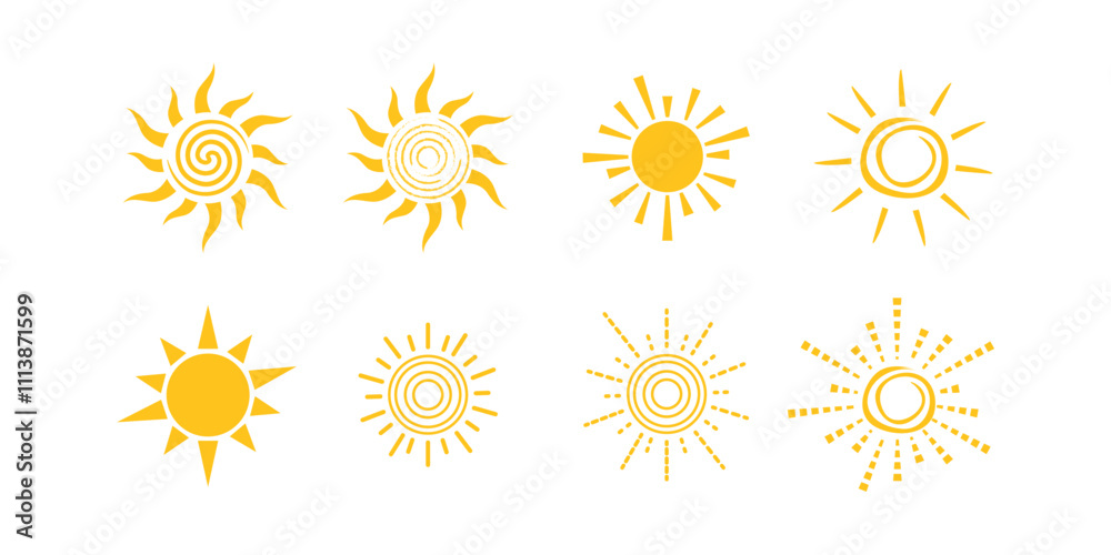 yellow sun icon set. Hand drawn summer elements. isolated on white background yellow sun icon set. Hand drawn summer elements. isolated on white background