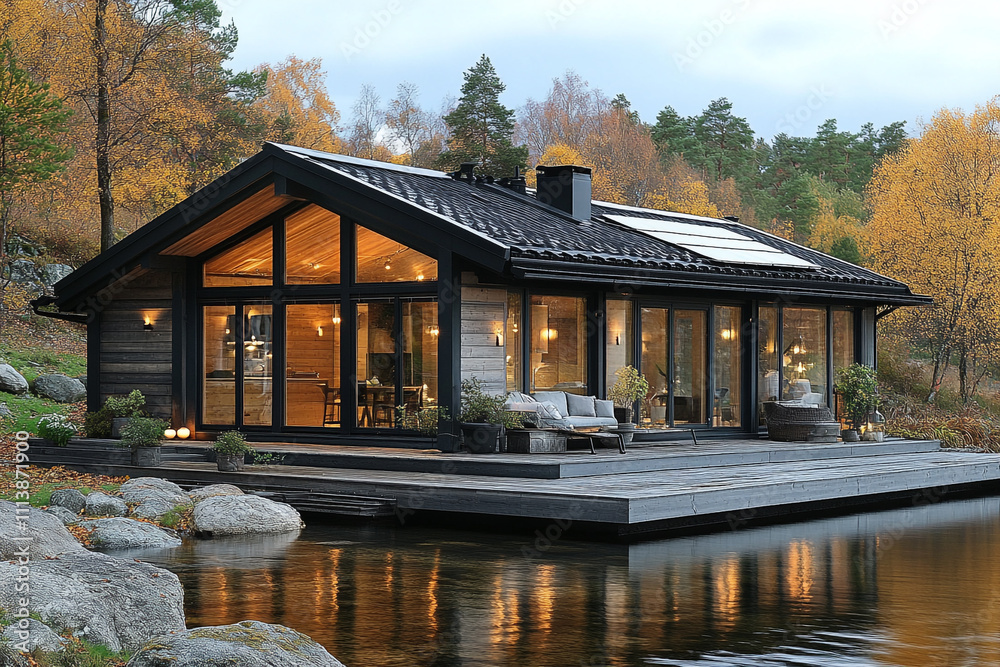 Modern Lakeside Cabin Illuminated During Autumn Modern Lakeside Cabin Illuminated During Autumn