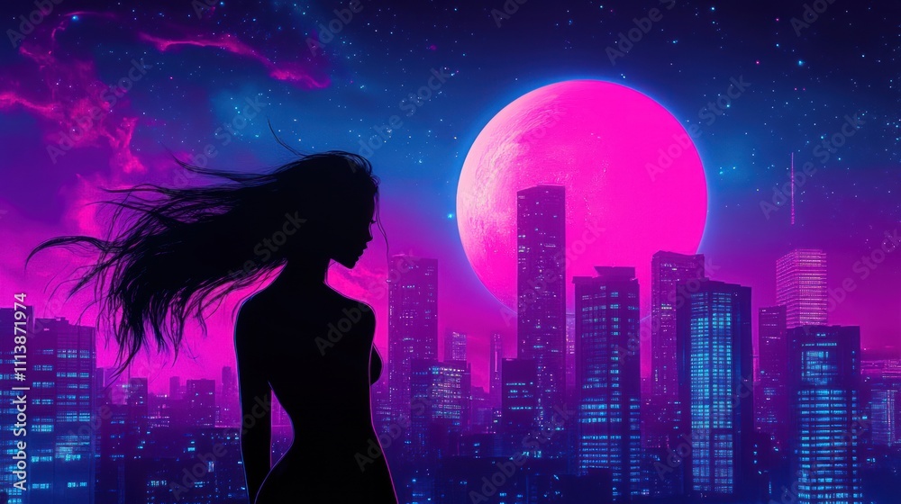 Silhouette of a Woman in a Neon Cityscape Silhouette of a Woman in a Neon Cityscape