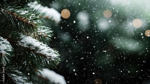 A close-up of a pine branch dusted with snow is featured with bokeh lights in the background, capturing a serene and magical winter essence and tranquility. photo