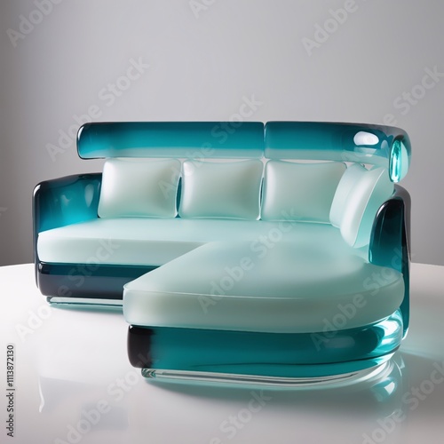 Glass sculpture of modern sectional sofa with chaise in teal to aqua gradient frame and frosted glass cushions, light gray background, generative ai photo