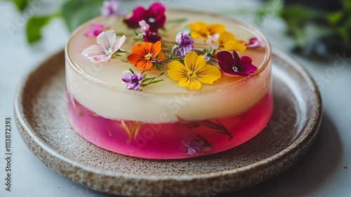 Layered jello cake with a transparent top layer showcasing edible flowers, on a modern ceramic plate
