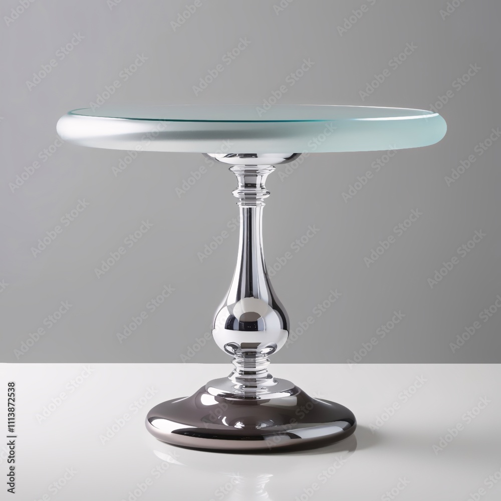 Glass sculpture of classic pedestal table with silver to gray gradient frame and frosted glass tabletop, light gray background, generative ai Glass sculpture of classic pedestal table with silver to gray gradient frame and frosted glass tabletop, light gray background, generative ai