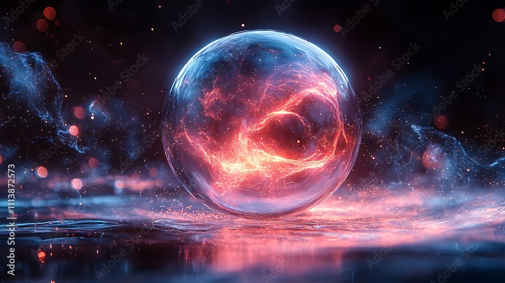 A glowing bubble featuring layered internal projections surrounded by shimmering particle effects A glowing bubble featuring layered internal projections surrounded by shimmering particle effects