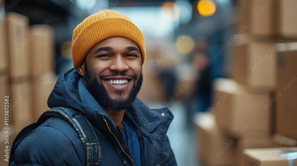 Smiling Man in Winter Clothing - A Joyful Urban Portrait Smiling Man in Winter Clothing - A Joyful Urban Portrait