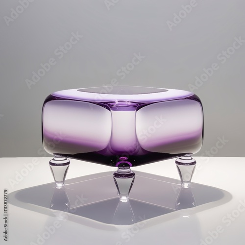 Glass sculpture of modern ottoman with lavender to violet gradient, clear frosted glass legs, light gray background, generative ai photo