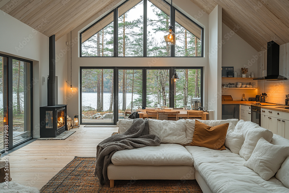Modern Lake House Living Room With Cozy Fireplace Modern Lake House Living Room With Cozy Fireplace