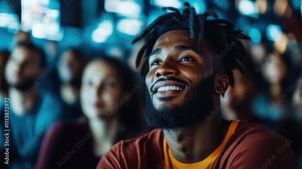 A man with a joyful smile standing amidst a blurred crowd, capturing a moment of happiness and anticipation, symbolizing hope and eagerness. A man with a joyful smile standing amidst a blurred crowd, capturing a moment of happiness and anticipation, symbolizing hope and eagerness.