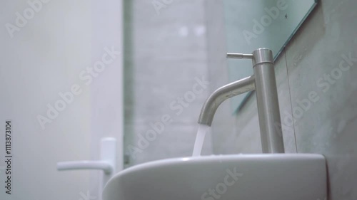 Man hand opening the water tap to save water. Turning on the faucet in bathroom.