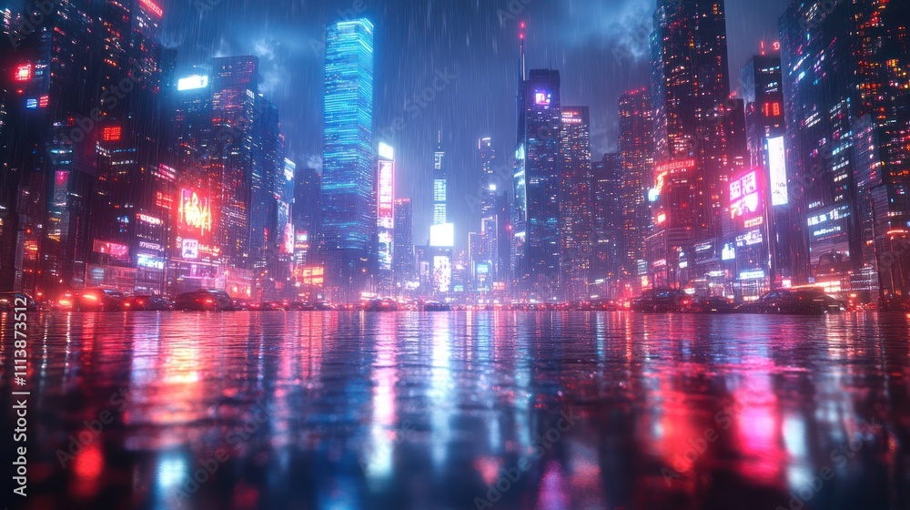 Fototapeta premium Futuristic city at night, reflecting in rain-slicked streets.