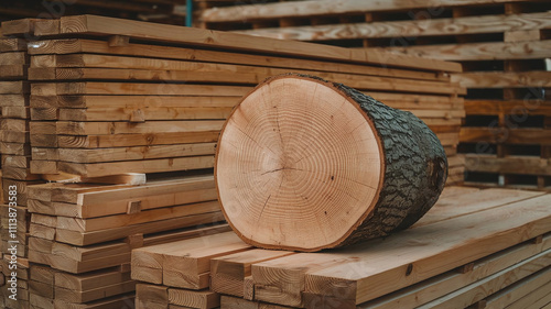 A rustic Douglas Fir wood slice, showcasing its intricate growth rings and weathered bark, rests on a bed of weathered Douglas Fir planks, perfect for natural and earthy design projects. 