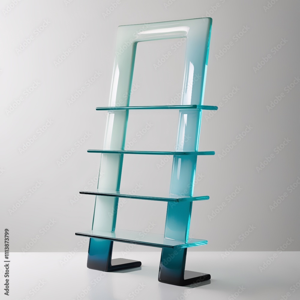 Glass sculpture of modern ladder shelf with teal to turquoise gradient frame and frosted glass shelves, light gray background, generative ai Glass sculpture of modern ladder shelf with teal to turquoise gradient frame and frosted glass shelves, light gray background, generative ai