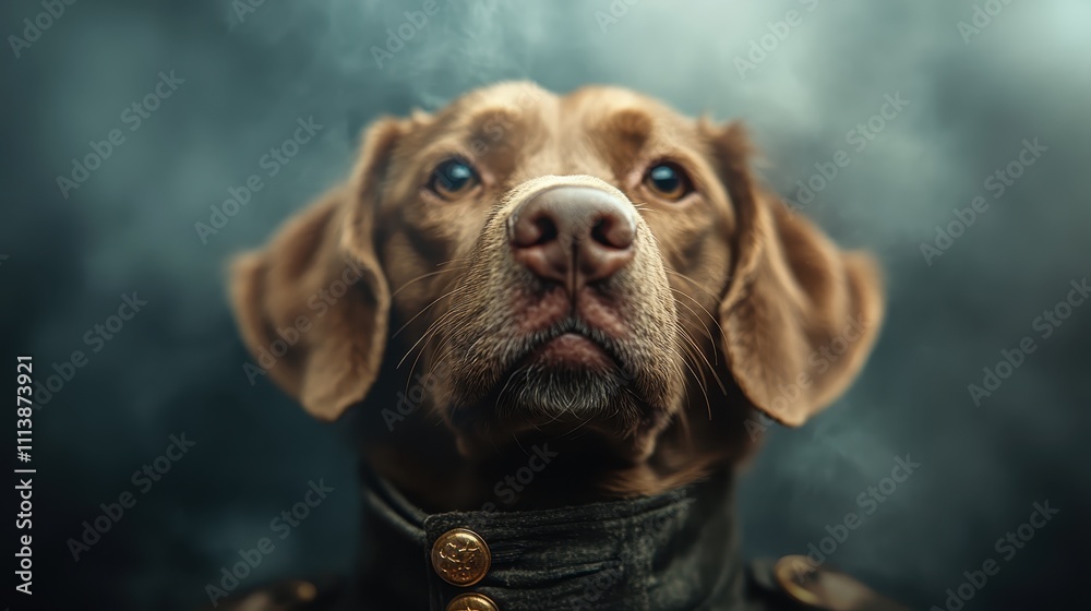 A loyal dog in dramatic military attire looks nobly towards the horizon with a tranquil and wise expression, evoking a sense of regal elegance and duty. A loyal dog in dramatic military attire looks nobly towards the horizon with a tranquil and wise expression, evoking a sense of regal elegance and duty.
