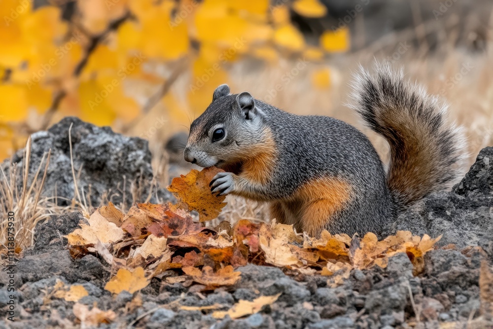 Fototapeta premium Close-Up of a Gray Squirrel Enjoying a Fallen Leaf Among Vibrant Autumn Foliage in a Natural Setting of Rocks and Dried Grass
