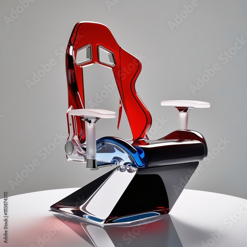 Glass sculpture of modern gaming chair with red to black gradient frame and frosted glass supports, light gray background, generative ai photo