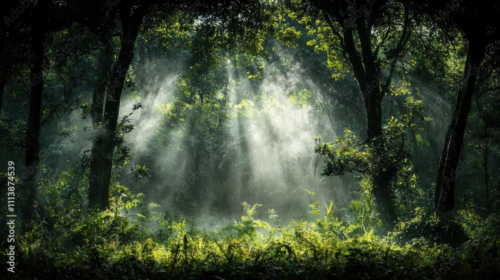 Fototapeta premium Gentle mist rising from the forest floor enchanted woodland nature photography serene environment atmospheric perspective highlighting the beauty of nature