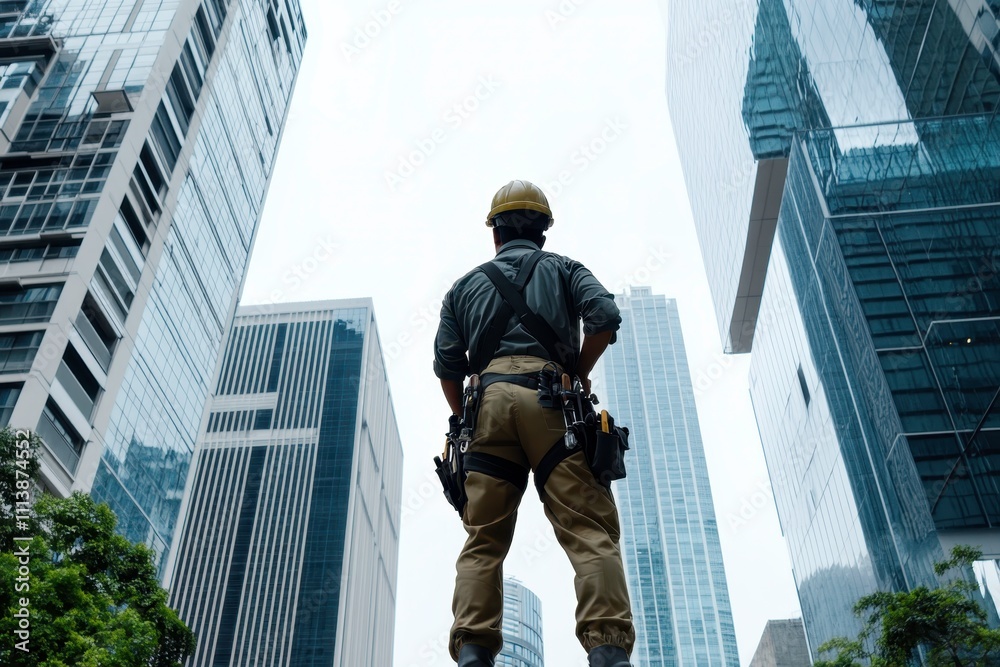 Construction Worker Stands Confidently Amidst Tall City Buildings, Showcasing Urban Development and Architecture in Modern Environment Construction Worker Stands Confidently Amidst Tall City Buildings, Showcasing Urban Development and Architecture in Modern Environment