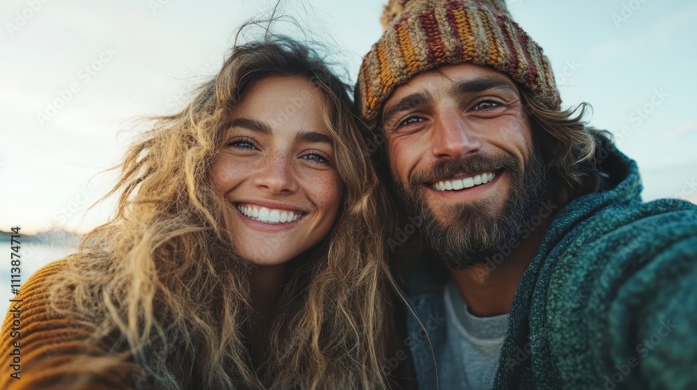 A cheerful couple with windswept hair poses for a selfie at the beach, exuding happiness and warmth, as the sunset casts a golden glow upon them. A cheerful couple with windswept hair poses for a selfie at the beach, exuding happiness and warmth, as the sunset casts a golden glow upon them.