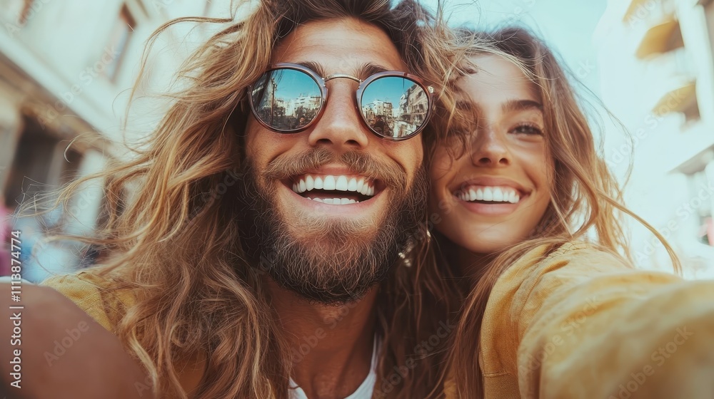 A happy couple wearing trendy streetwear enjoys a sunny day in the city, capturing a moment with a selfie, their radiant smiles reflecting urban style and spirit. A happy couple wearing trendy streetwear enjoys a sunny day in the city, capturing a moment with a selfie, their radiant smiles reflecting urban style and spirit.