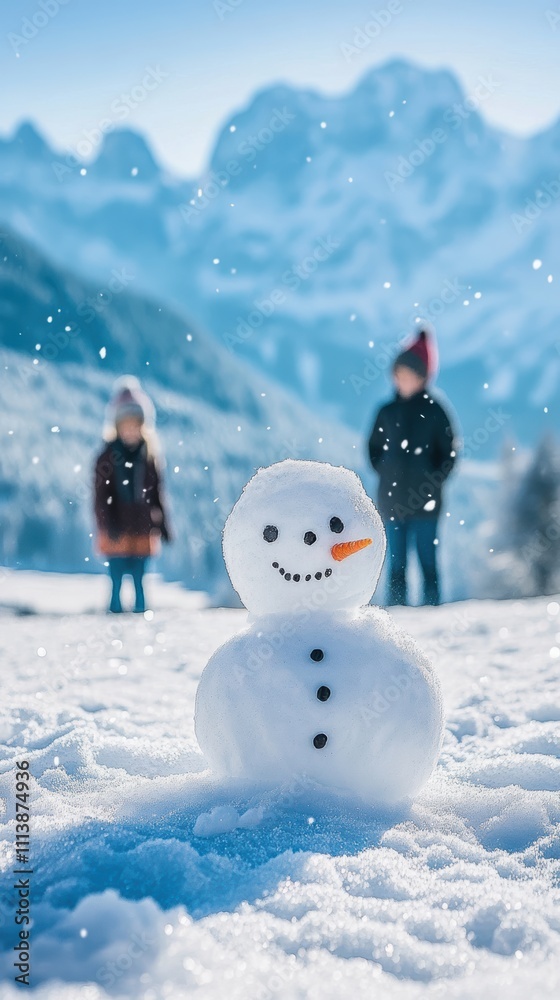 Sunlit winter landscape with partially built snowman and mountains