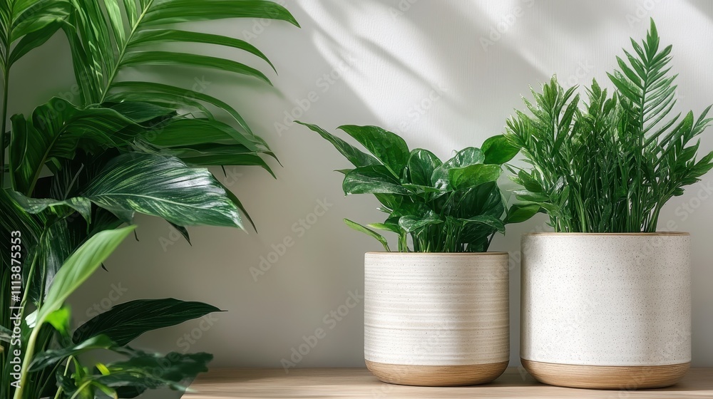 A seamless blend of nature and light with two elegant plants in cream pots on a wooden surface, bathed in natural sunlight, creating a warm, welcoming atmosphere. A seamless blend of nature and light with two elegant plants in cream pots on a wooden surface, bathed in natural sunlight, creating a warm, welcoming atmosphere.