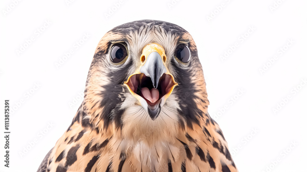 Fototapeta premium Portrait of a Surprised Falcon: Close-up, isolated on a white background.