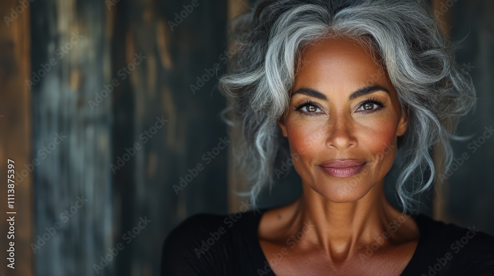 This striking portrait features a woman with gray hair in front of a dark wooden backdrop, capturing her elegance and timeless beauty with a confident expression. This striking portrait features a woman with gray hair in front of a dark wooden backdrop, capturing her elegance and timeless beauty with a confident expression.