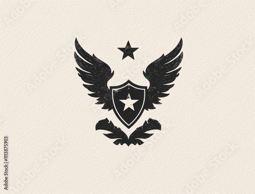 Grunge style emblem with wings, shield and star. photo