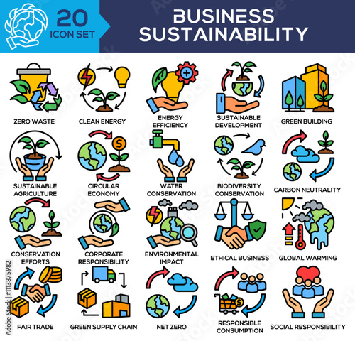 Business Sustainability Lineal Color Icon Set Collection