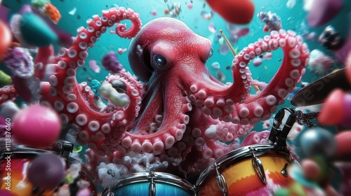 A lively and colorful octopus vigorously plays drums underwater, surrounded by floating elements, creating an energetic and surreal musical environment that captivates the viewer. photo