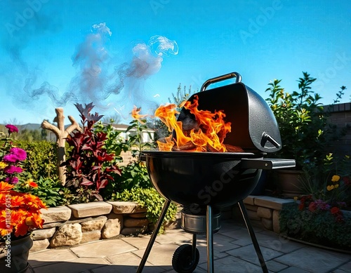 A charcoal grill with flames and smoke in an outdoor garden setting photo