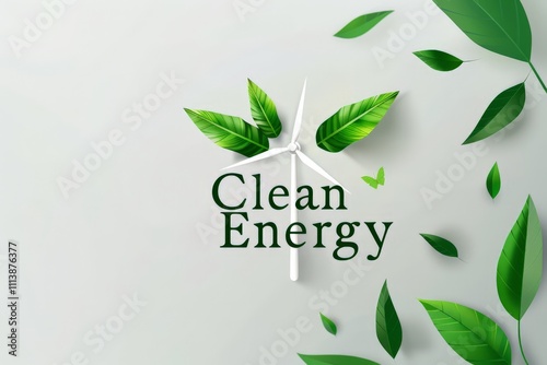 Clean Energy Concept with Wind Turbine and Green Leaves Representing Sustainability and Environmental Responsibility in Modern Graphics photo