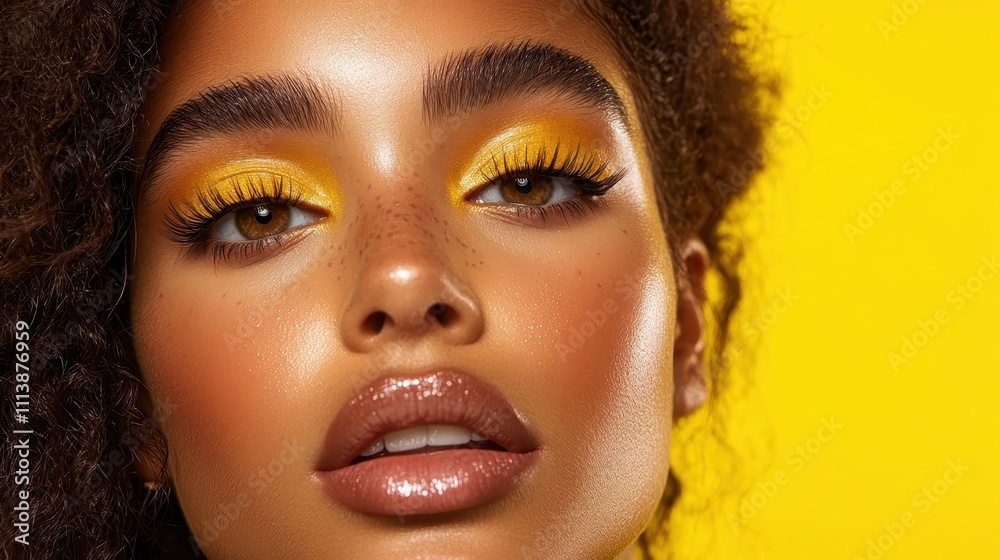 The image features a bold and striking portrait of a person with vibrant yellow eye makeup, highlighting deep skin tones and an expression of modern beauty and strength. The image features a bold and striking portrait of a person with vibrant yellow eye makeup, highlighting deep skin tones and an expression of modern beauty and strength.