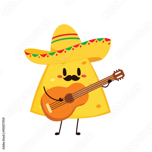 Nachos Characters with Mexican hat. Nice Mexican food. Nachos chips in sombreros and maracas hats. Vector illustration.