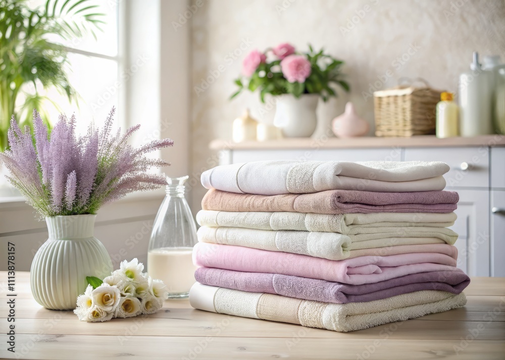A Cozy Collection of Freshly Laundered Towels in Soft White, Beige, Pink, and Purple Hues Perfect for Home Decor and Relaxation in a Clean Laundry Setting A Cozy Collection of Freshly Laundered Towels in Soft White, Beige, Pink, and Purple Hues Perfect for Home Decor and Relaxation in a Clean Laundry Setting