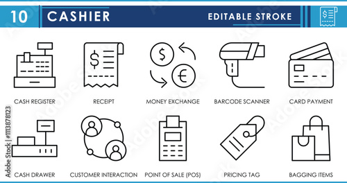A set of line icons related to Cashier. Cash register, receipt, money exchange, card, drawer, POS, and so on. Vector editable stroke.