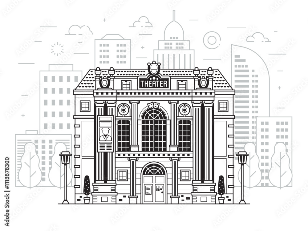 Retro Cinema or Movie Theater Building in Line Art