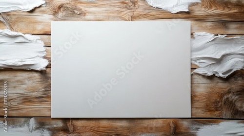 A single blank canvas positioned centrally against a rustic wooden background, ideal for conveying artistic simplicity and the potential of creative expression. photo