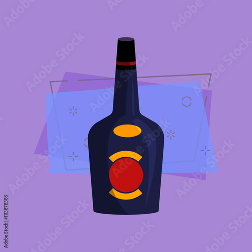 Liqueur cartoon illustration. Dark blue bottle with red blank label. Alcohol concept. Vector illustration can be used for topics like bar menu, liquor store, wine house