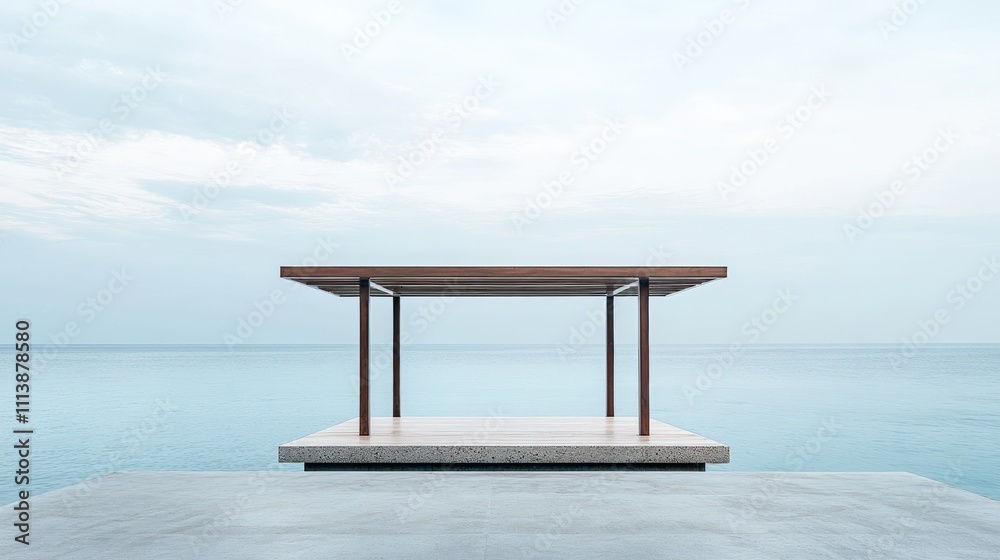 Minimalist Wooden Gazebo Overlooking Serene Ocean Minimalist Wooden Gazebo Overlooking Serene Ocean