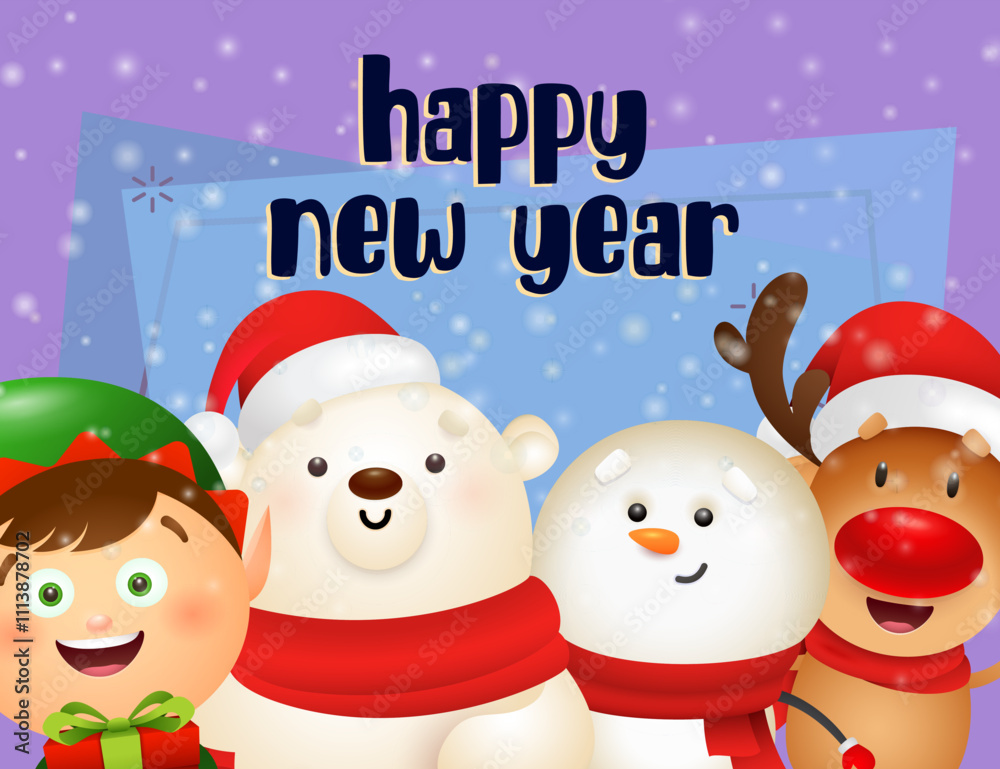 New Year postcard design with cartoon reindeer, elf, snowman and polar bear holding gifts on purple background. Vector illustration for Christmas posters, greeting and invitation card templates