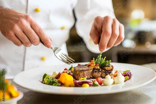 Chef plating gourmet dish in a professional kitchen. Generative AI