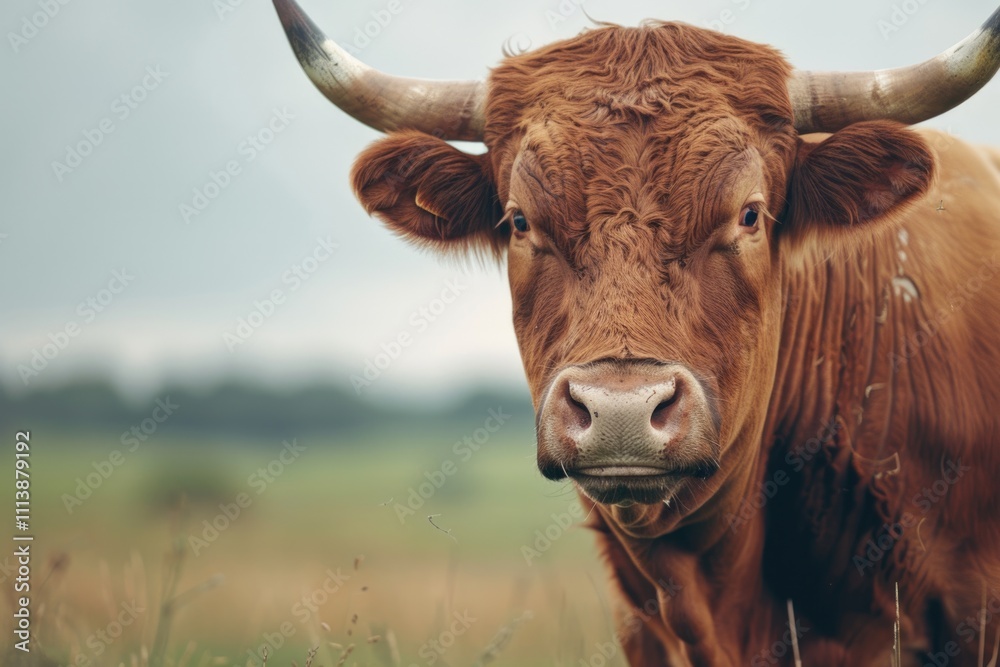 Large brown bull grazing in field standing and looking ahead. Large brown bull grazing in field standing and looking ahead.