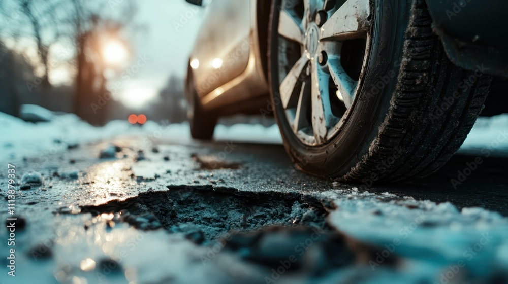A vehicle traverses a treacherous winter road, navigating past potholes under a dusky sky, showcasing the challenges and resilience required in adverse conditions for travel. A vehicle traverses a treacherous winter road, navigating past potholes under a dusky sky, showcasing the challenges and resilience required in adverse conditions for travel.
