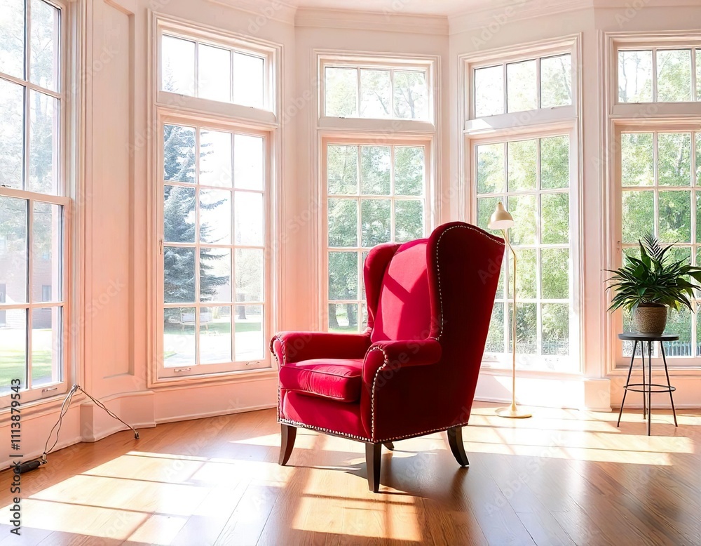Fototapeta premium A red velvet wingback chair in a bright, airy room with large windows and wooden floors