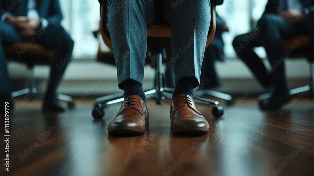 The image displays formal business shoes worn by an individual seated in an office setting, capturing a sense of professionalism and corporate environment. The image displays formal business shoes worn by an individual seated in an office setting, capturing a sense of professionalism and corporate environment.