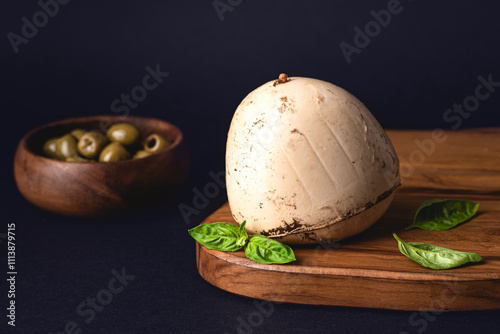 Wallpaper Mural Smoked Mozzarella Bufala cheese on an olive board. Traditional cheeses of southern Italy, Bari, Puglia. Smoked food, food preservation. Slow food. Dark key, copy space Torontodigital.ca