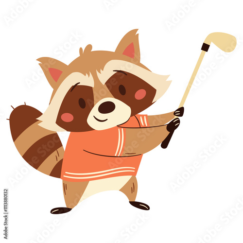 Flat vector illustration in a simple children's style on a sports theme. Cute raccoon playing golf on white background . Vector illustration