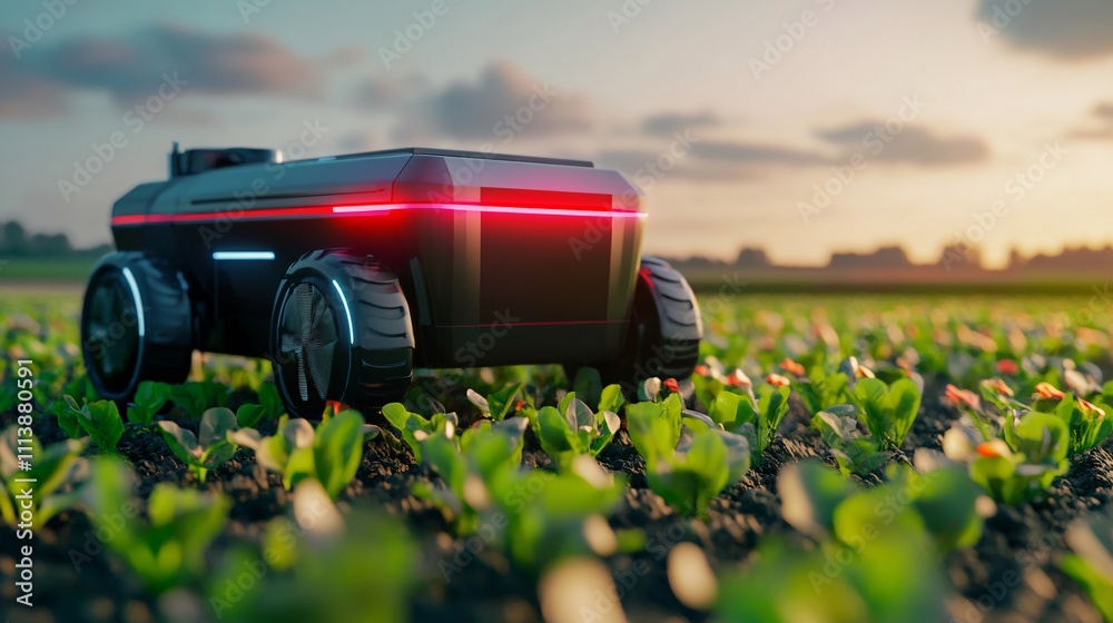 Autonomous robot monitoring crops in agricultural field at sunset Autonomous robot monitoring crops in agricultural field at sunset