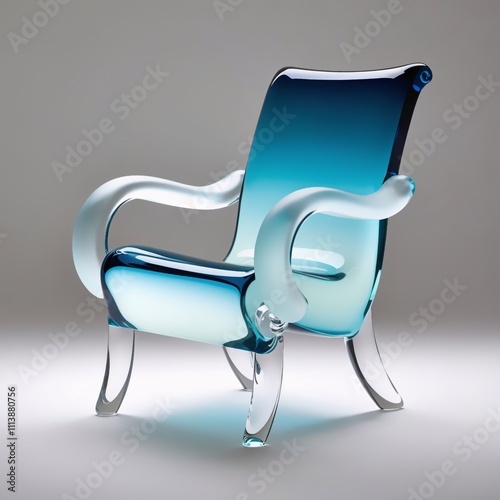 Glass sculpture of modern armchair with blue gradient seat and backrest, clear glass legs, frosted armrests, light gray background, generative ai photo